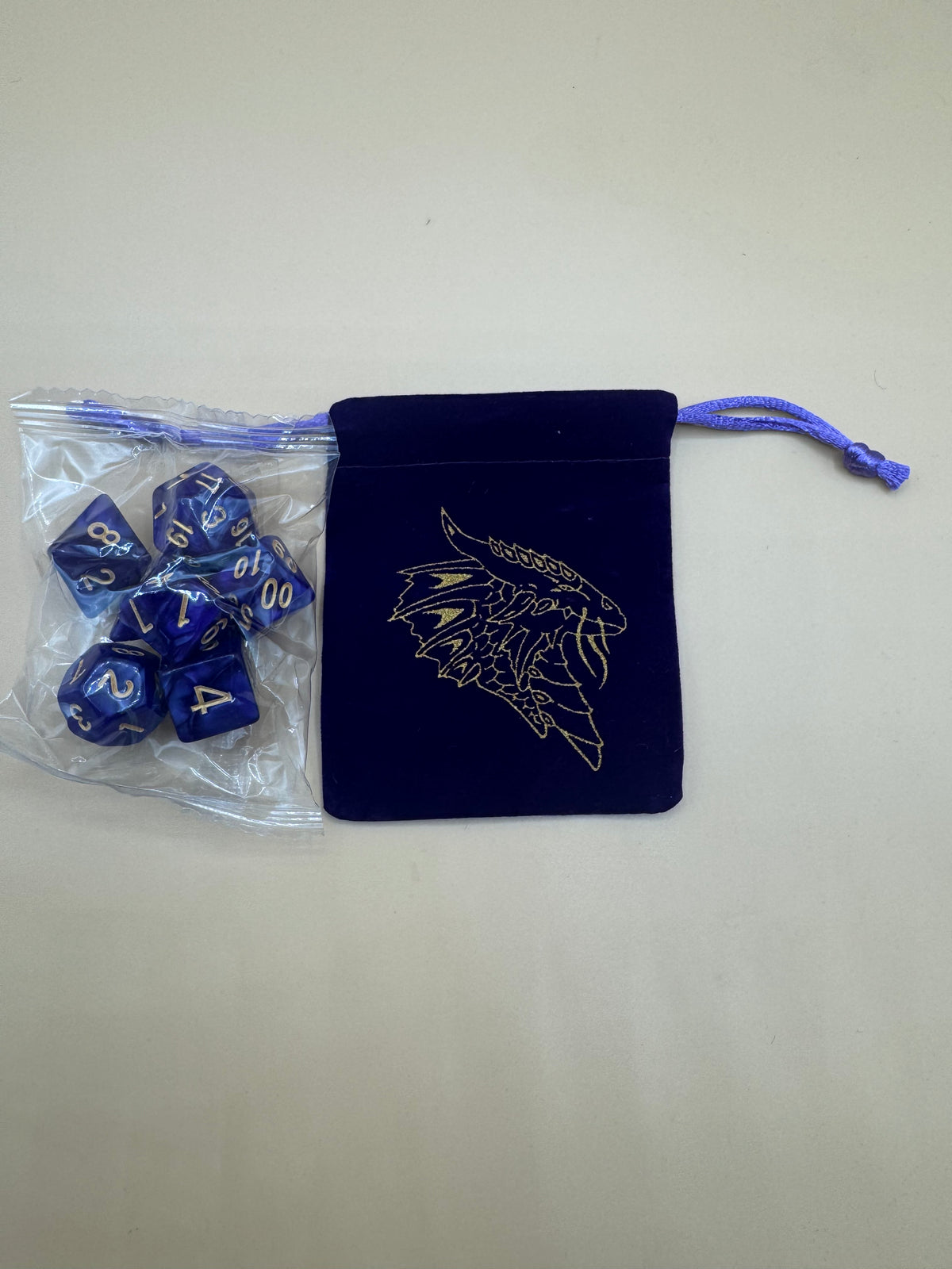Amethyst Purple D&D Dice with Violet Dragon Pouch