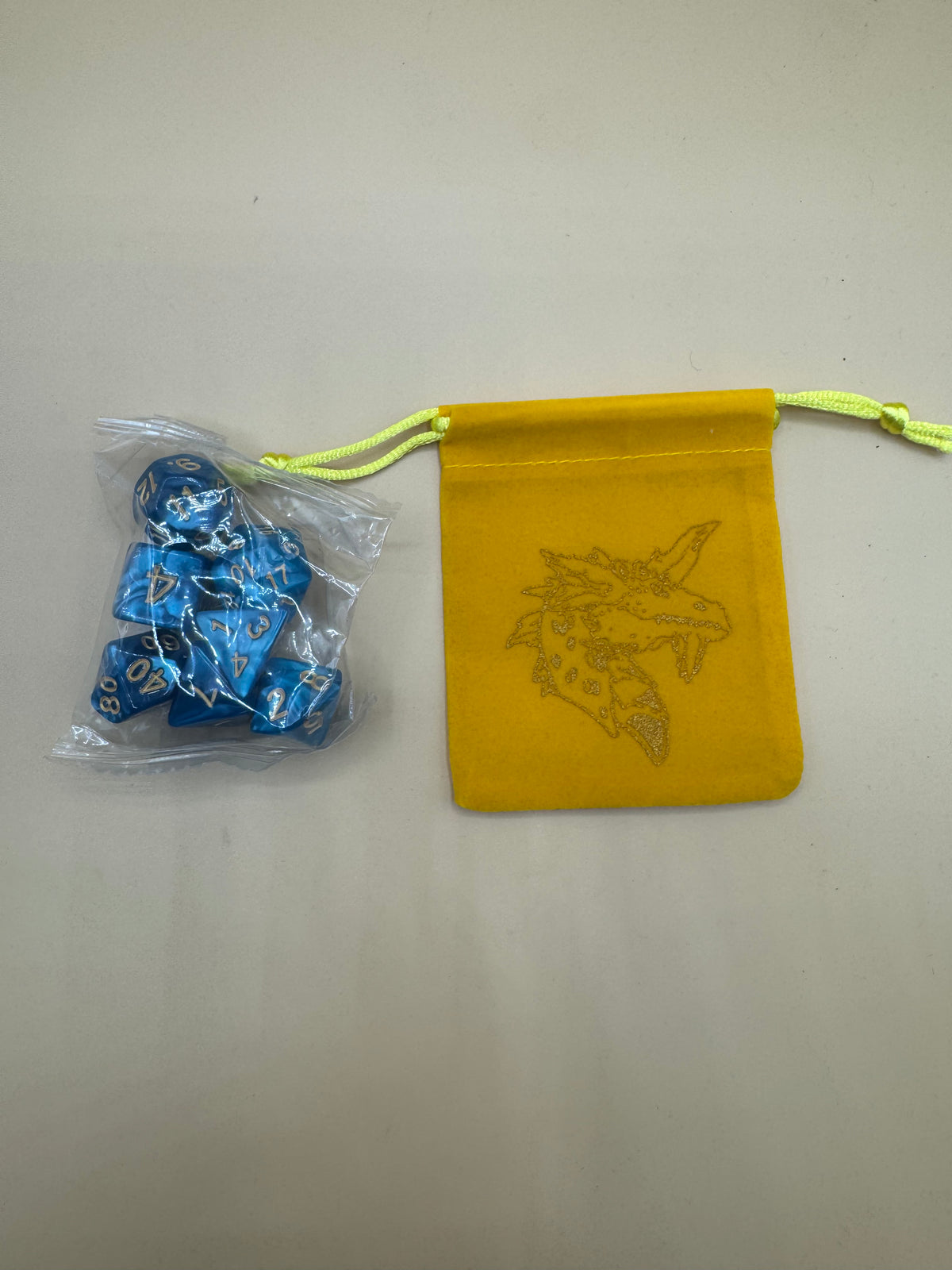 Deep Purple D&D Dice and Gold Dragon Pouch