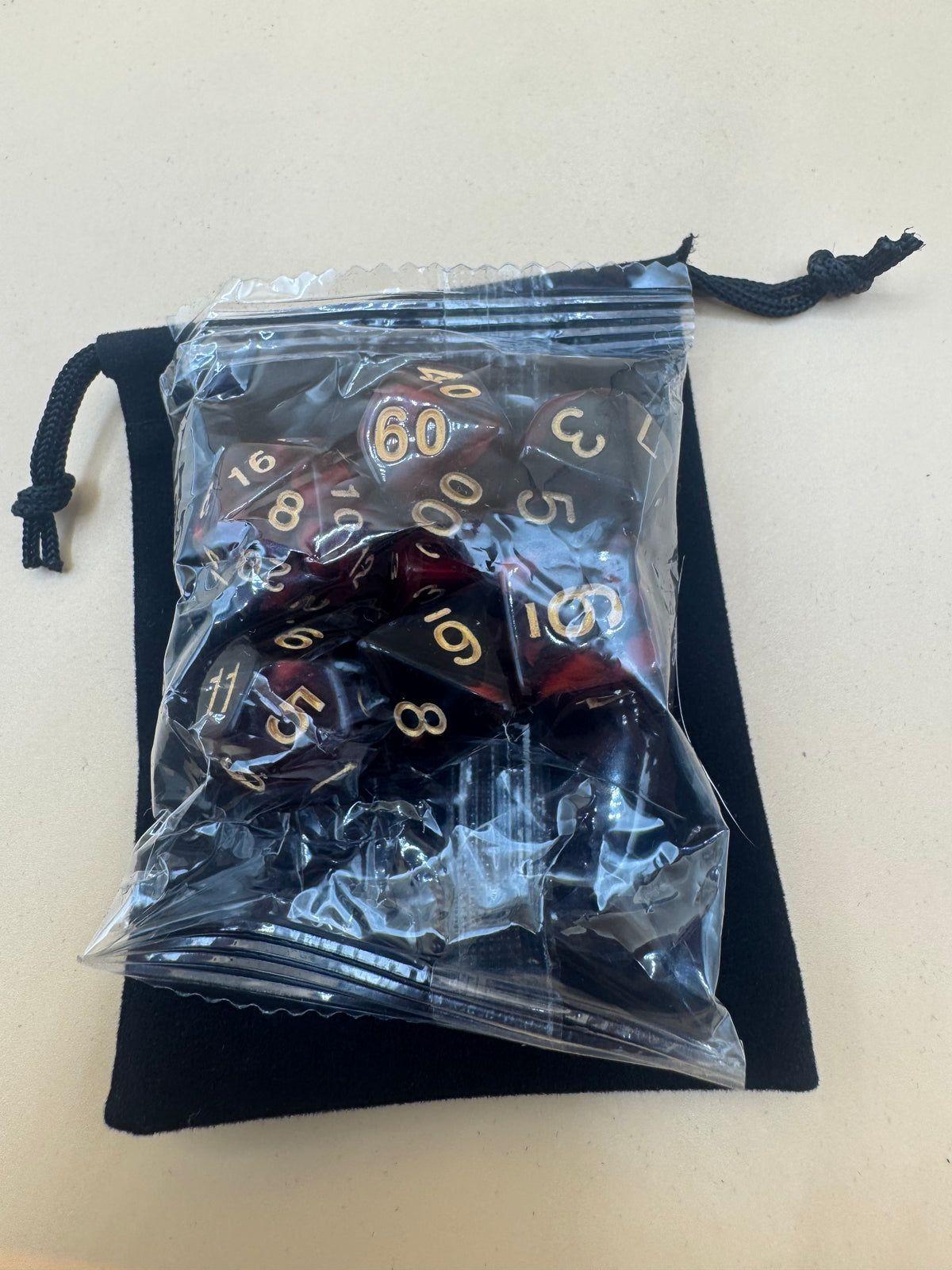 Two Toned (Red and Black) D&D Dice and Pouch