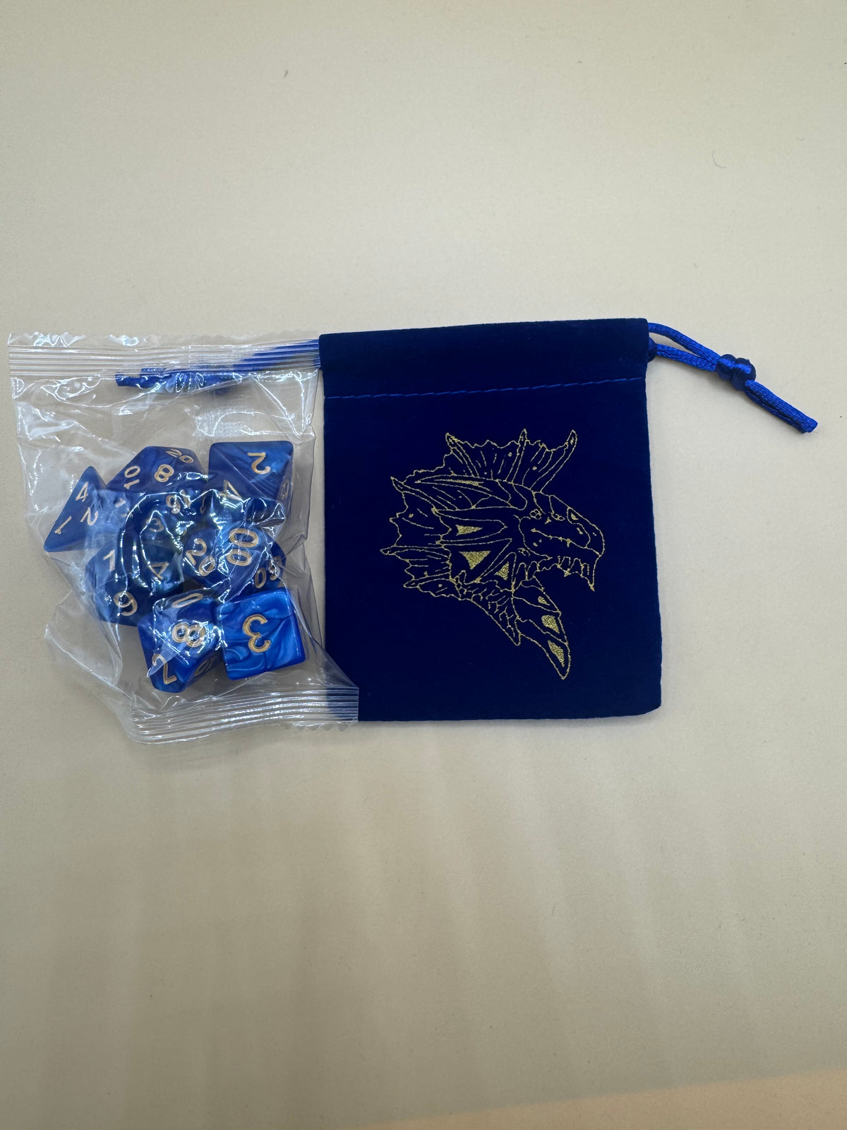 Sapphire D&D Dice and Blue Dragon Pouch