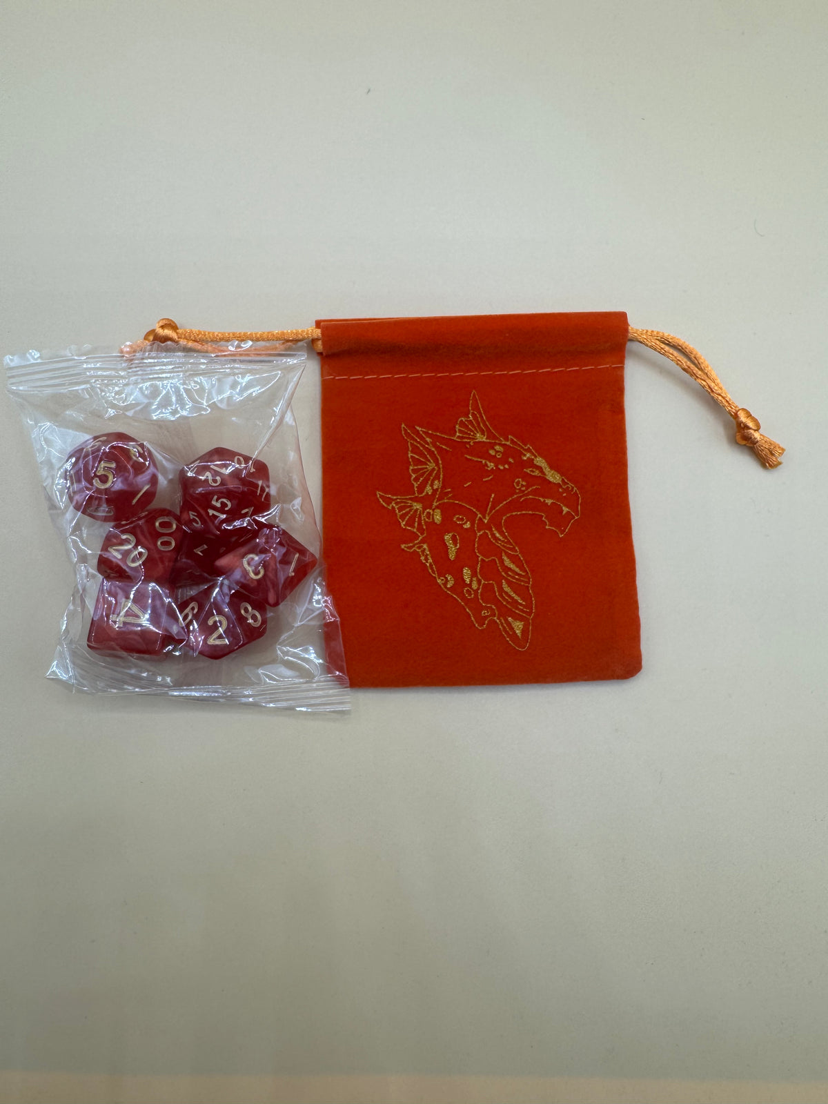Ruby D&D Dice with Orange Dragon Pouch