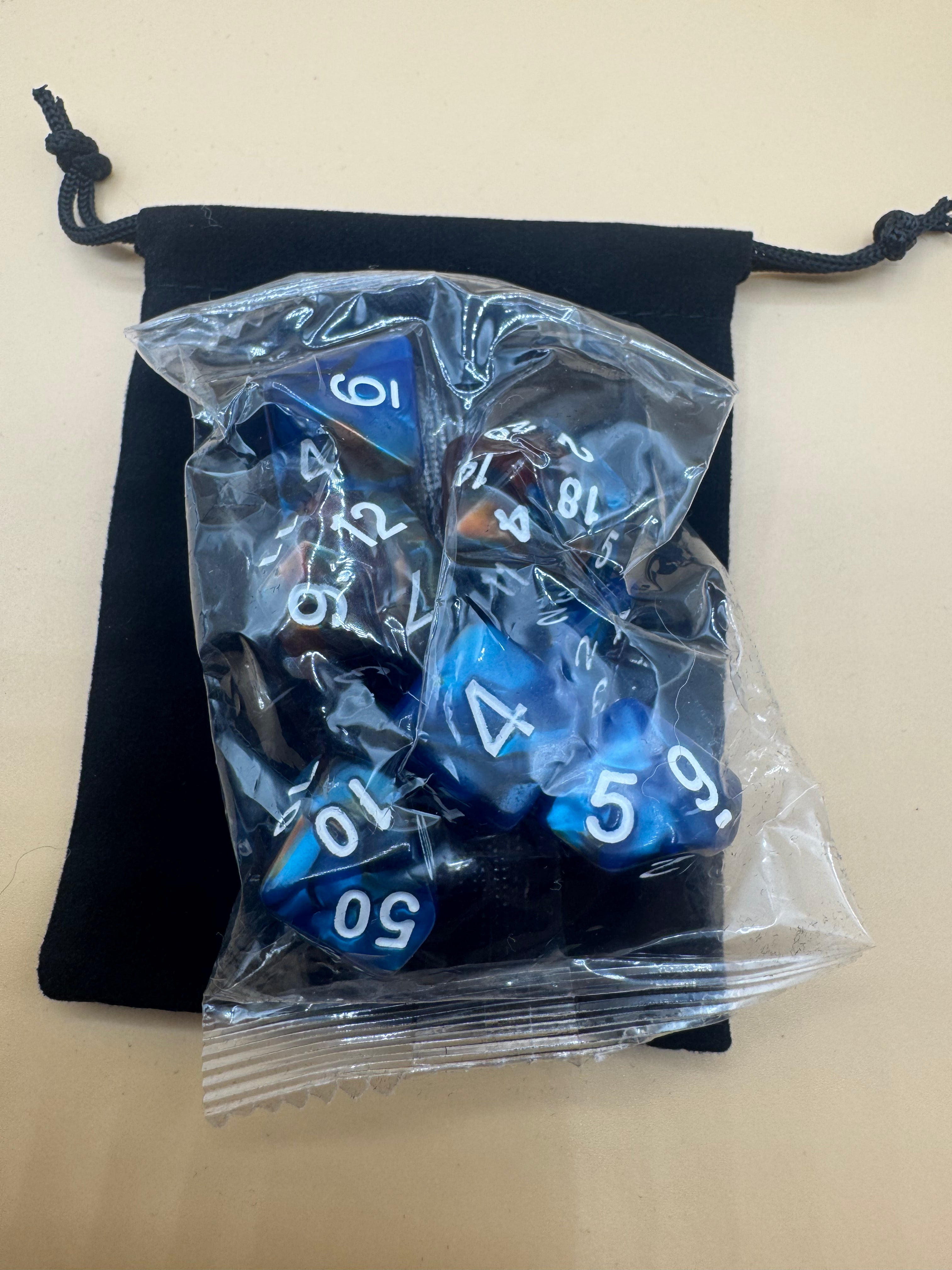 Two Toned (Blue and Brown) D&D Dice and Pouch
